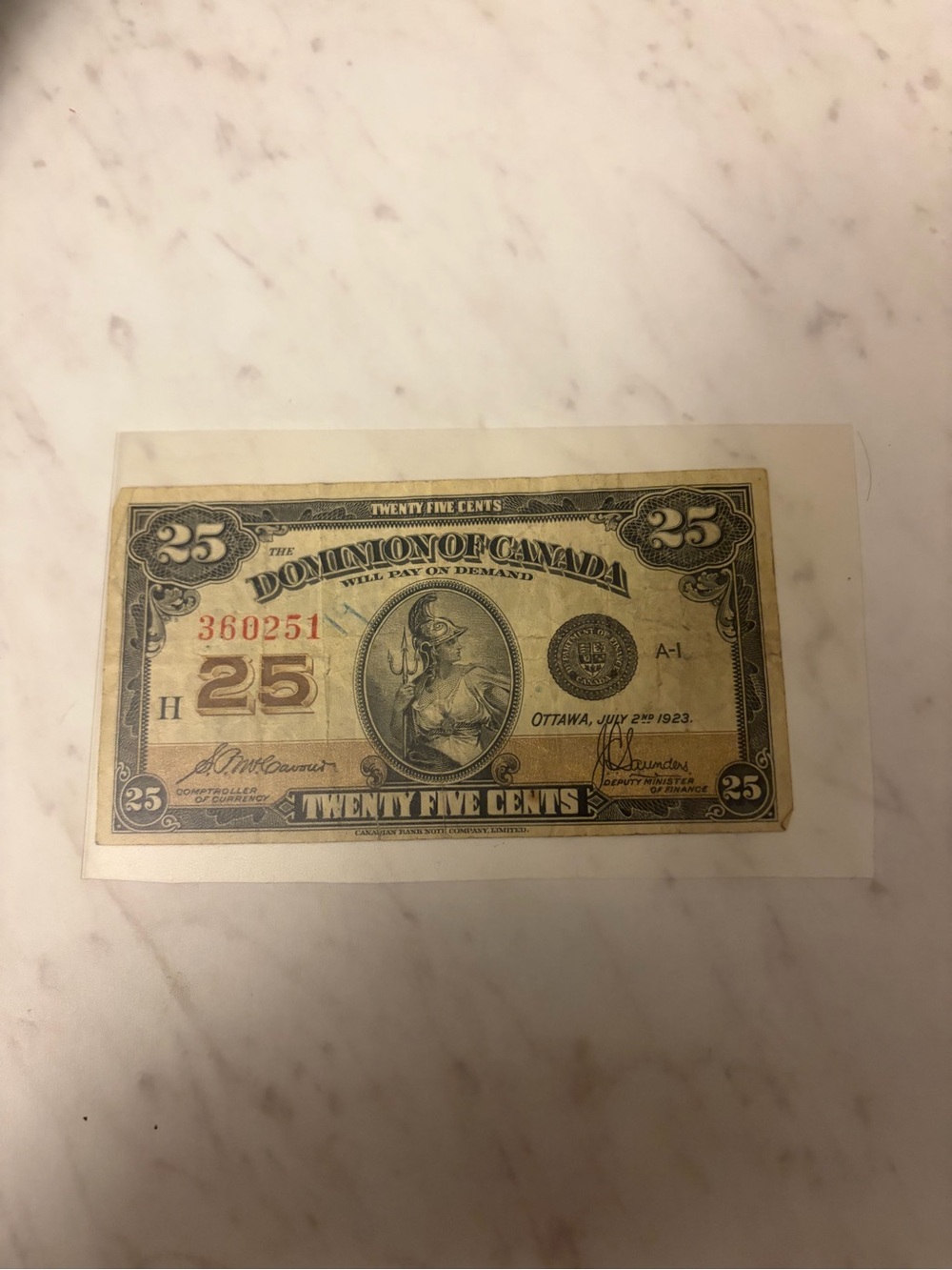 1923 Dominion of Canada 25 Cents Banknote - circulated